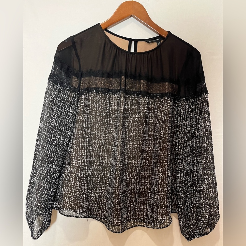 White House Black Market- Black and White Sheer Print Blouse w. Lace Trim -8P